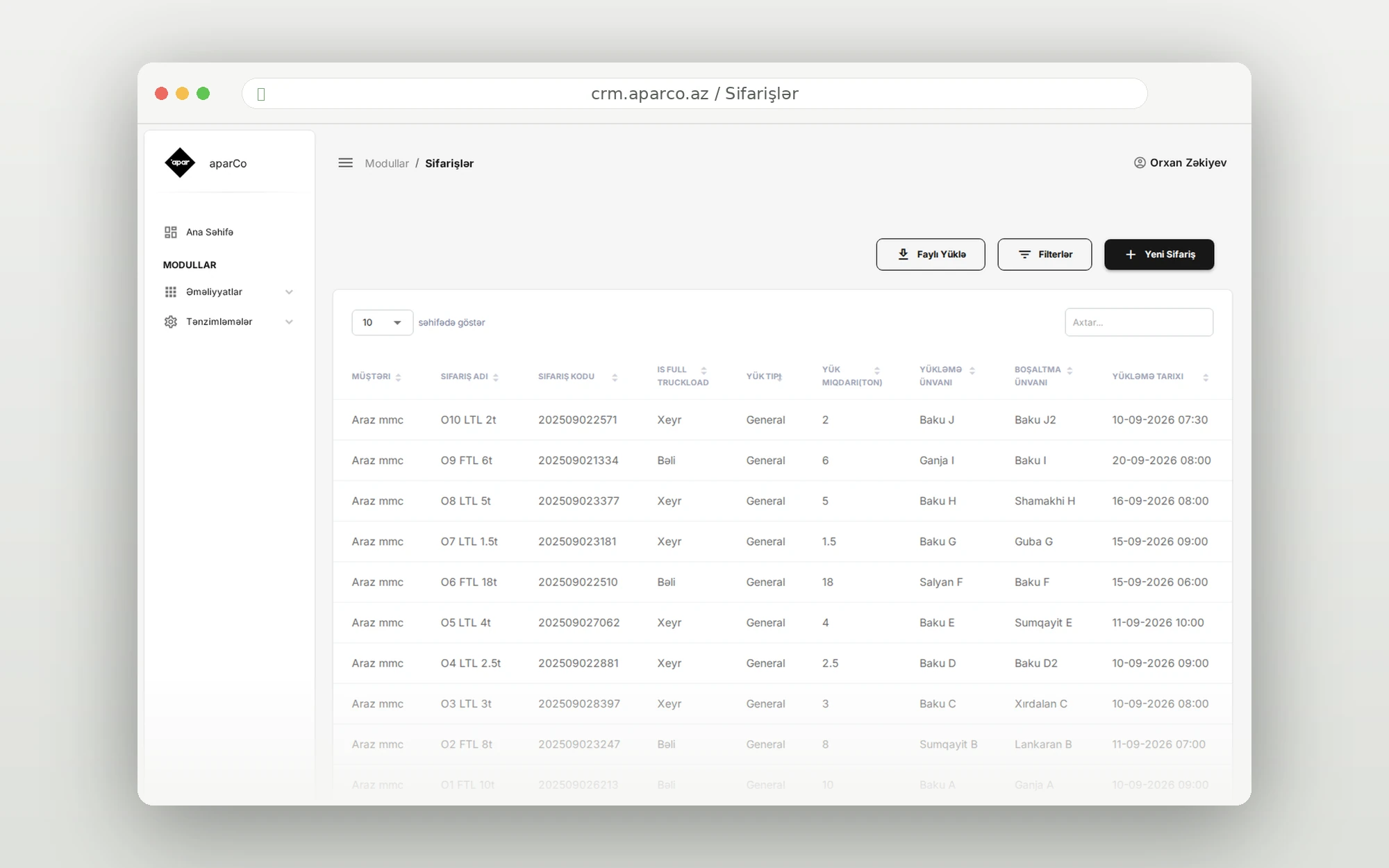 Apar CRM — yük sifarişləri cədvəli (marşrut, tonaj, yükləmə tarixi)