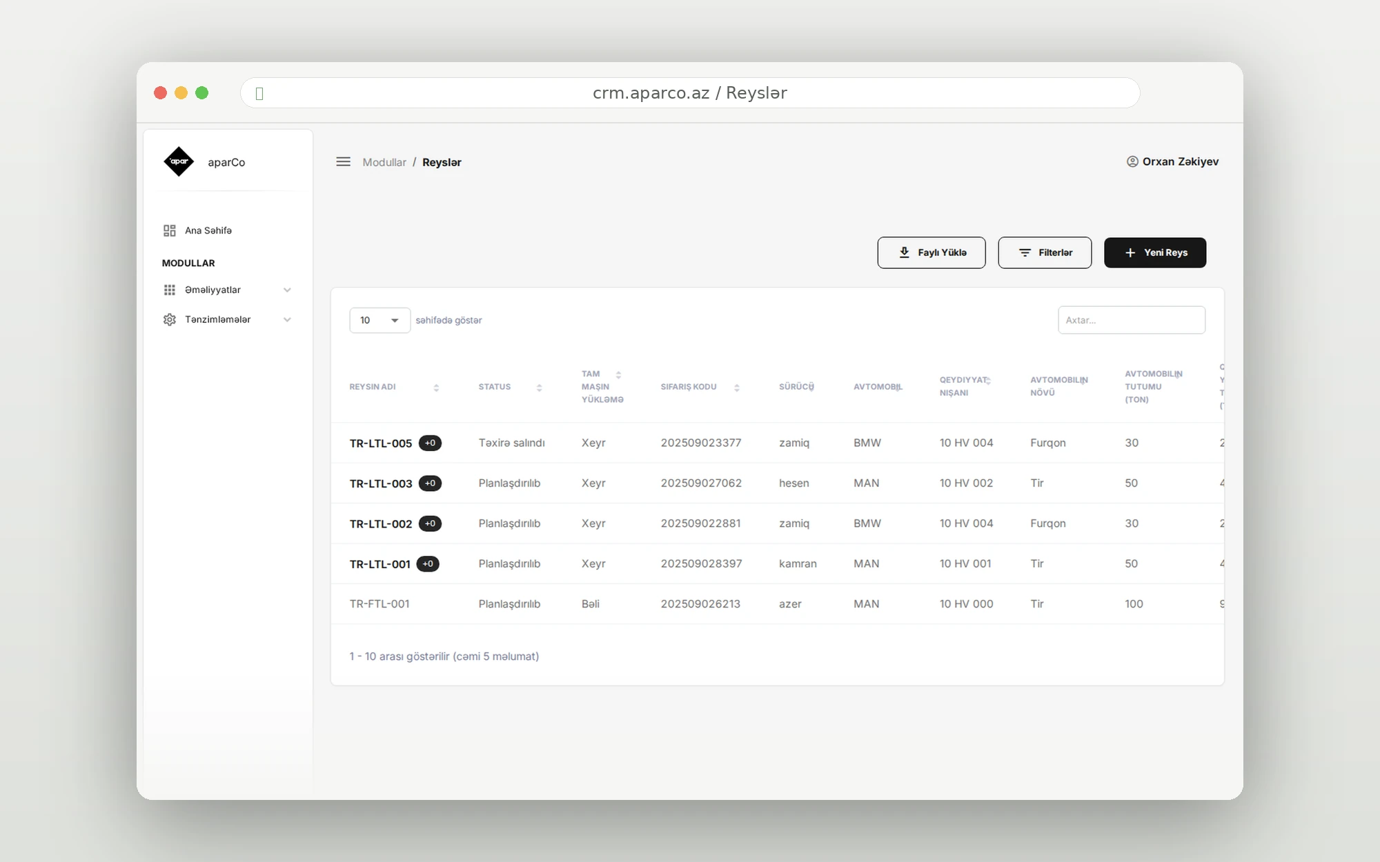 Apar CRM — reyslər (dispetçerlik) cədvəli, sürücü və avtomobil təyinatı ilə