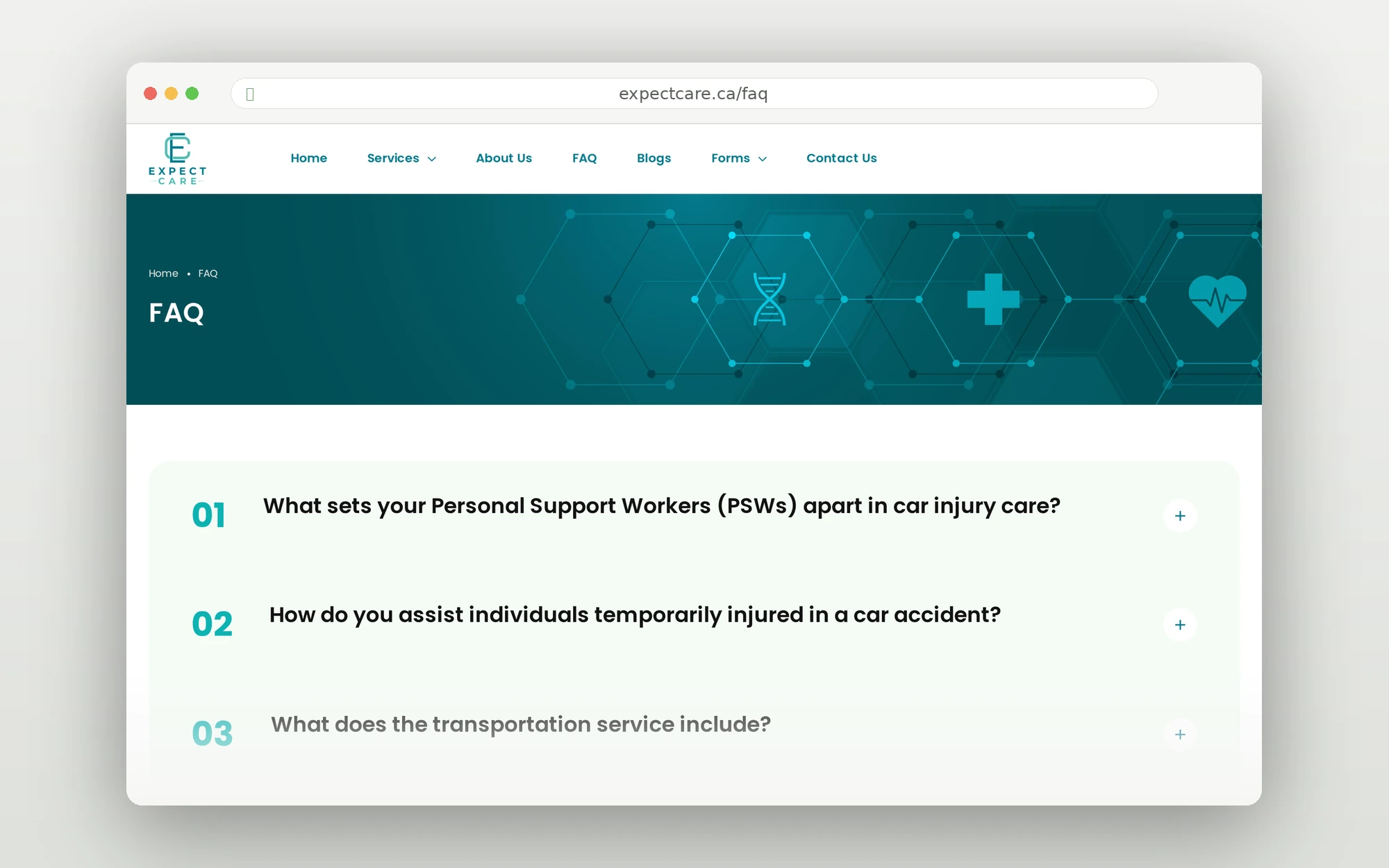 Expect Care FAQ səhifəsi — nömrələnmiş akkordeon