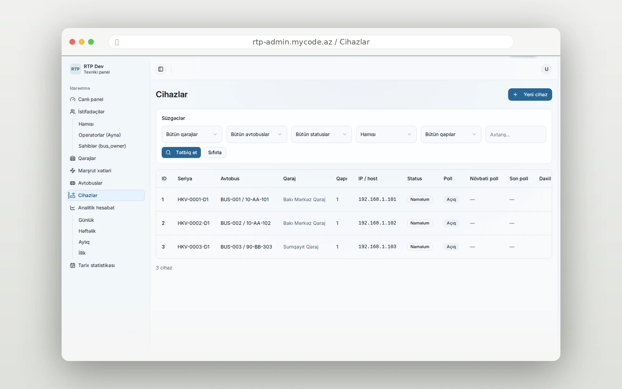 RTP admin panel — Hikvision cihazları siyahısı (IP, qapı, poll statusu)