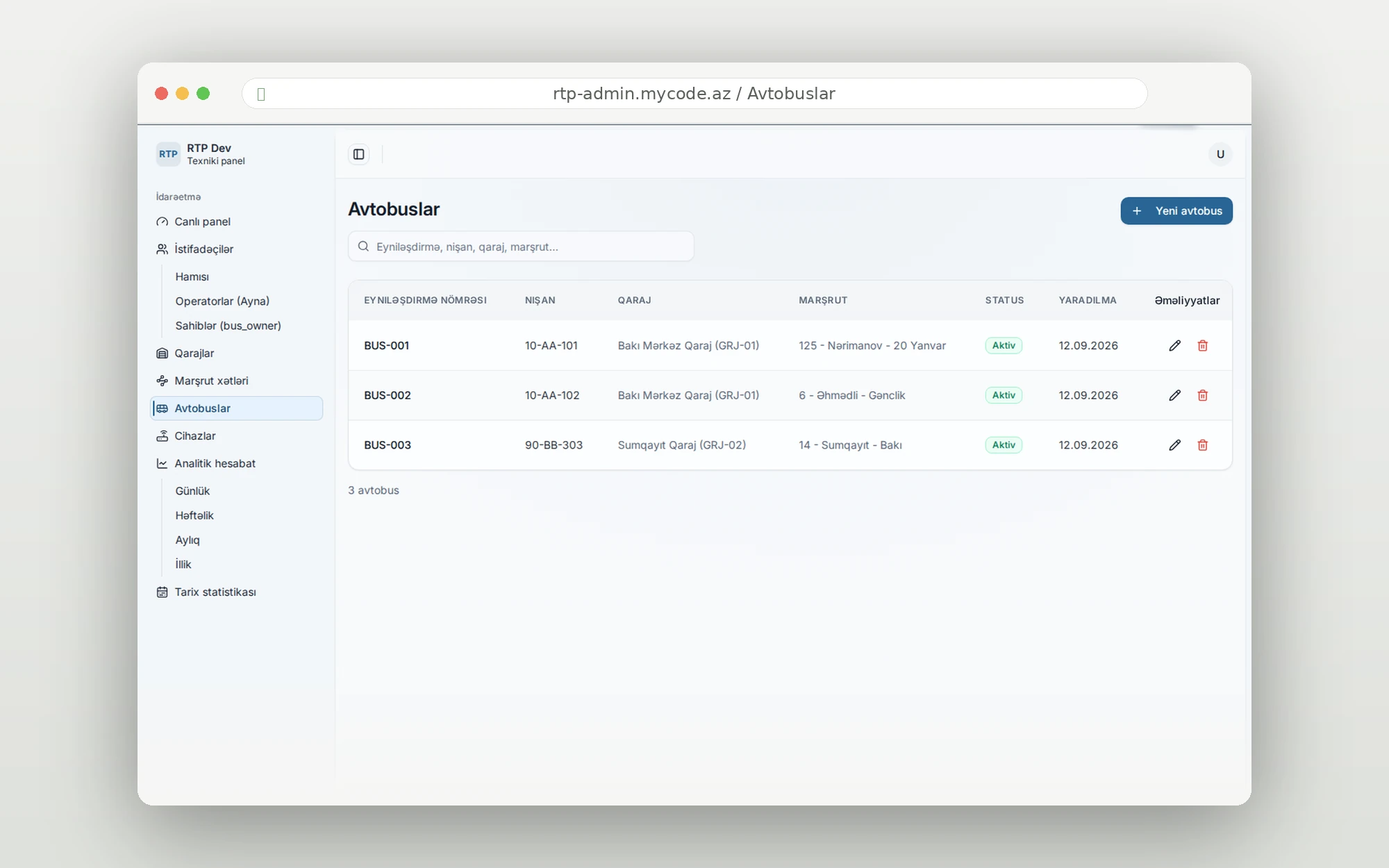 RTP admin panel — avtobus siyahısı